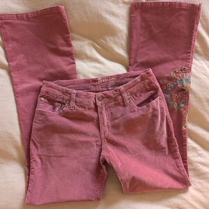 Y2K Pink Rose Low Rise Velvet Corduroy Pants with Embroidered Details Size 7